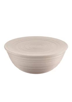 Guzzini extra large bowl 5000cc with lid, made by recycling fourteen 100% disposable water bottles, taupe